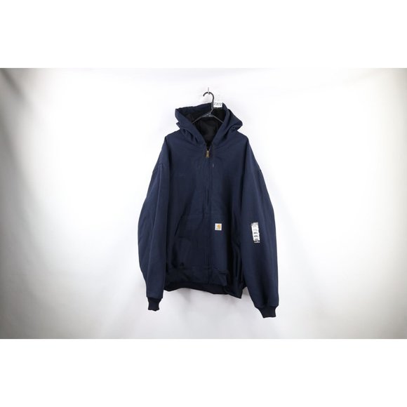 NOS Vintage Carhartt Mens Size 4XL Spell Out Full Zip Hooded Jacket Navy Blue